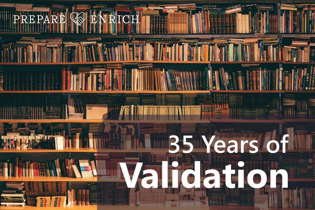A bookshelf with "35 years of validation" overlaid.